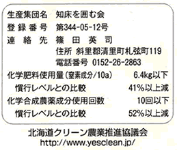 原材料名　　スイートコーン
生産集団名　知床を囲む会
登録番号　　第３４５－１５－１２号

化学肥料使用量(窒素成分/10a)　8.0kg以下
　慣行レベルとの比較　　　　　60%減
化学合成農薬成分使用回数　　　7回以下
　慣行レベルとの比較　　　　　30%減

北海道クリーン農業推進協議会
http://www.yesclean.jp/